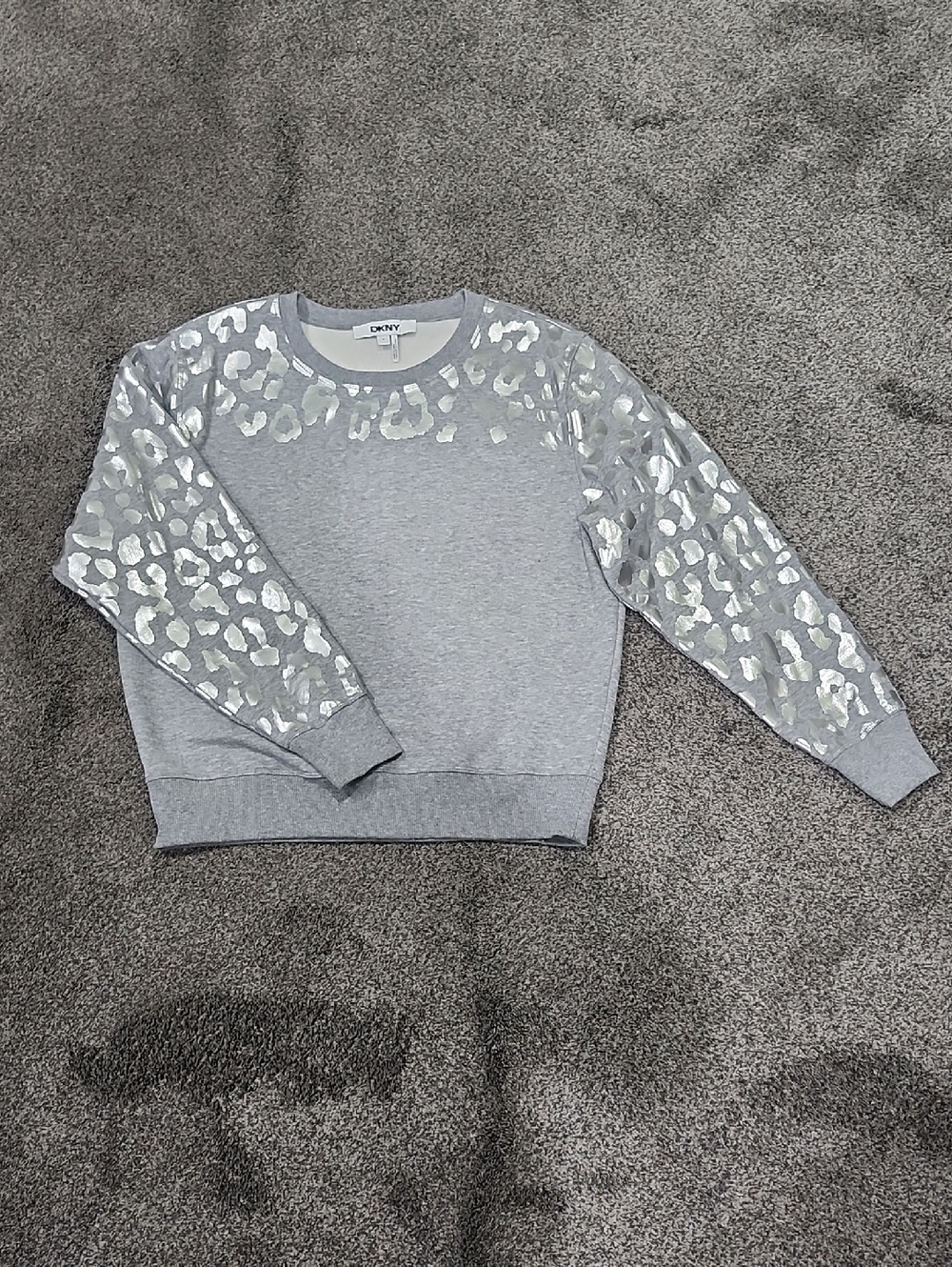 DKNY Light Gray Crewneck Sweater with Metallic Leopard Print